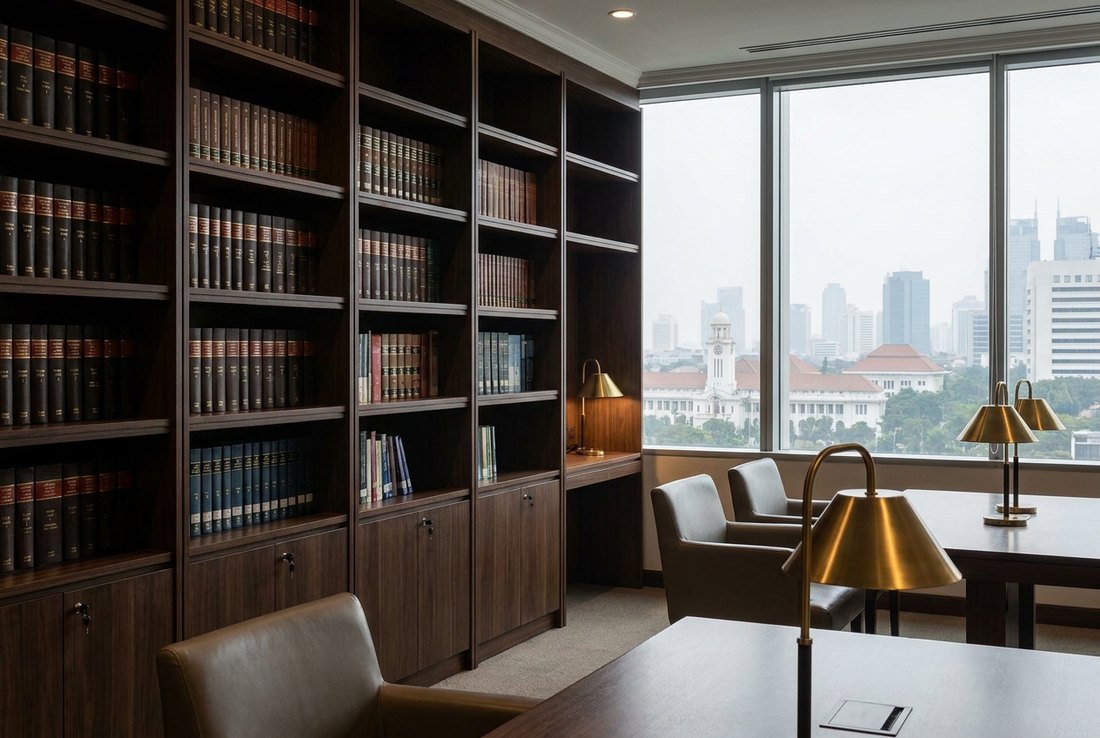 Perpustakaan kantor hukum yang sepi, rak kayu gelap berisi buku undang-undang dari lantai sampai langit-langit